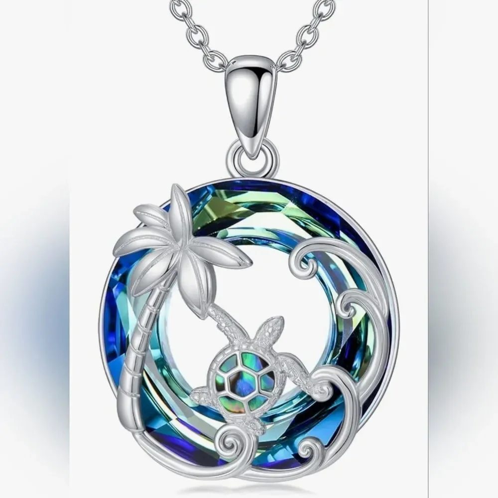 📷💬🩵⏭️NIB Blue Crystal Sterling Silver Sea Turtle Tropical Pendant Necklace